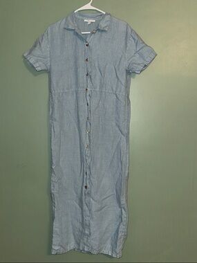 Vintage 100% Linen Cotton Wear Blue Maxi Dress with unique Buttons small